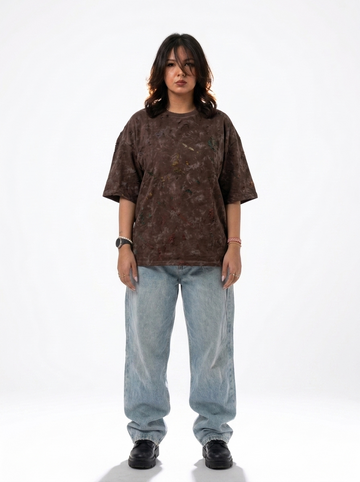 Brown Acid Washed Boxy Fit Oversized Tee