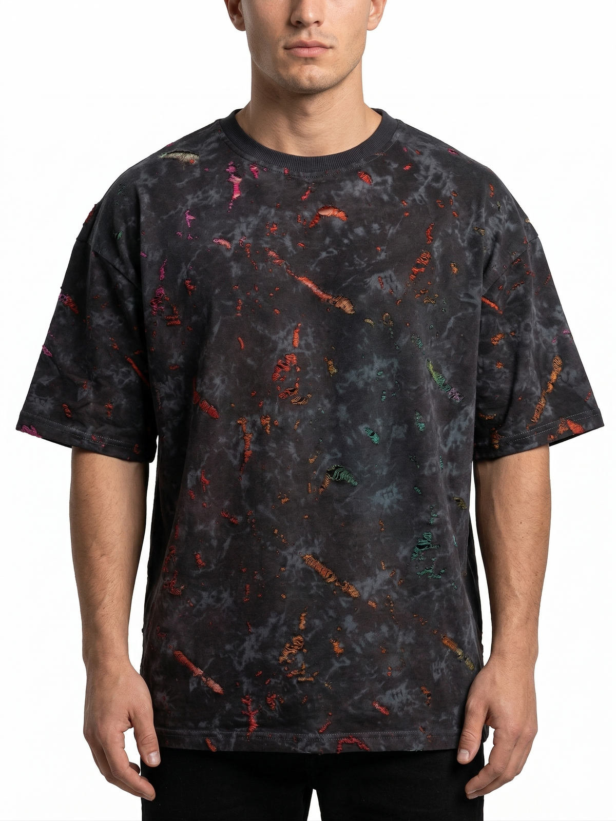SHAMAL acid wash oversized tee in Layl Black, front view