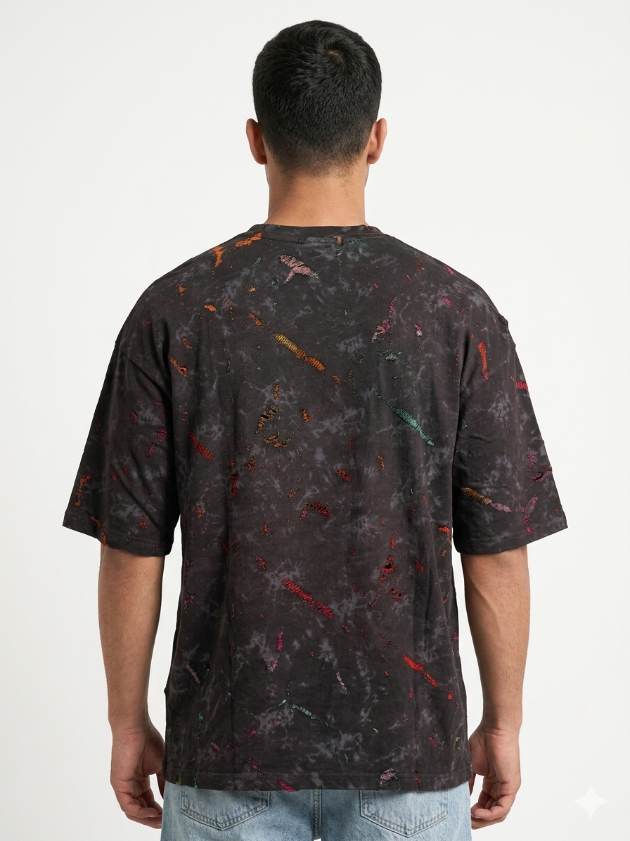 SHAMAL acid wash oversized tee in Layl Black, front view