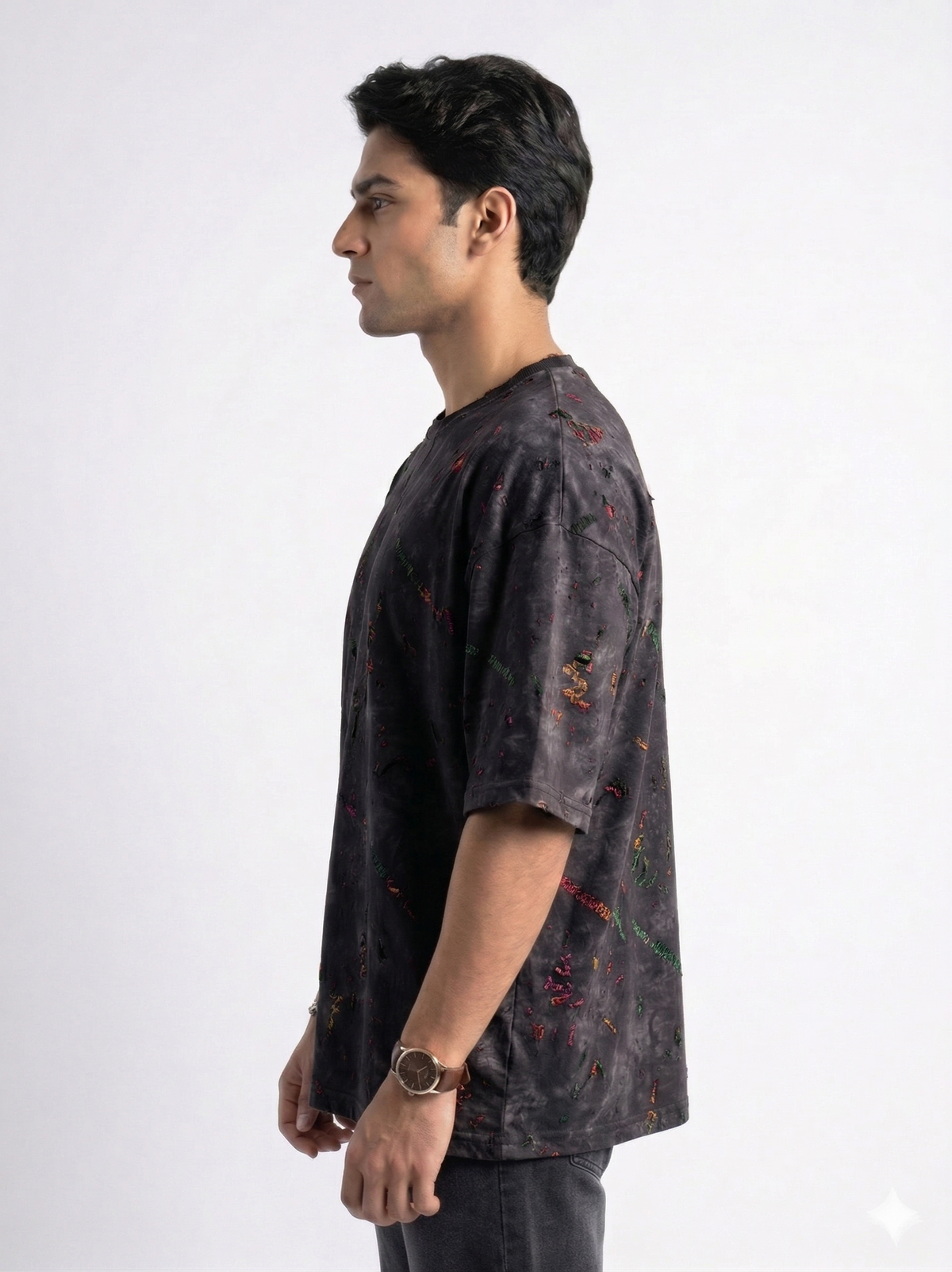 SHAMAL acid wash oversized tee back view, boxy drop shoulder