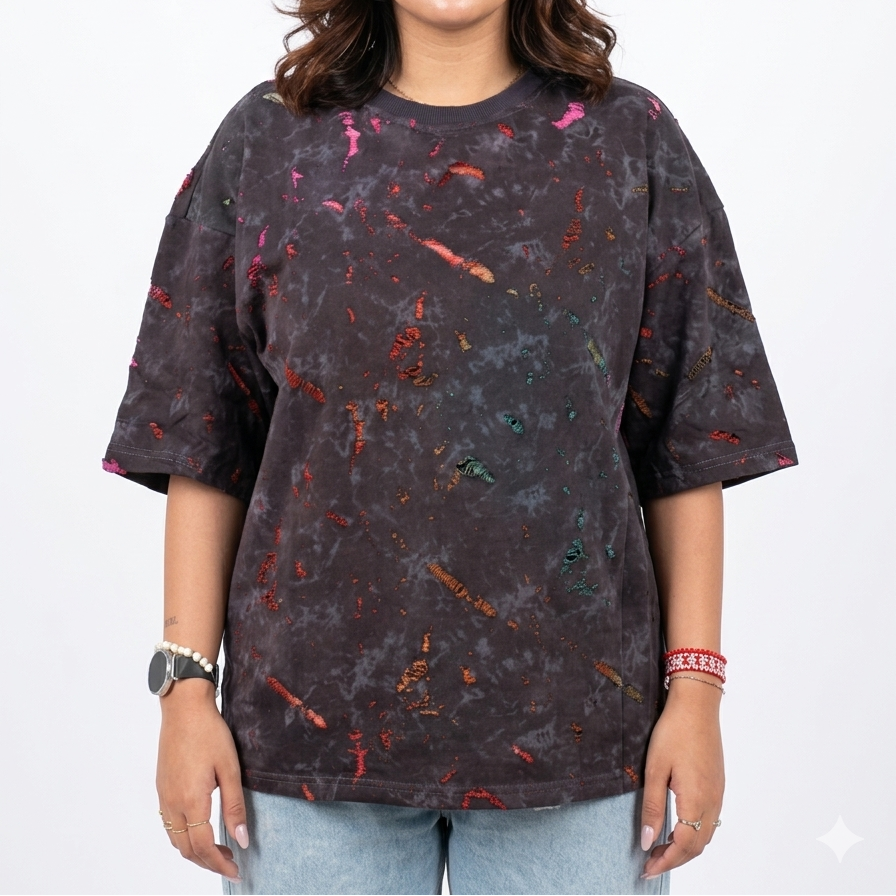 SHAMAL acid washed boxy fit tee worn on model, UAE streetwear