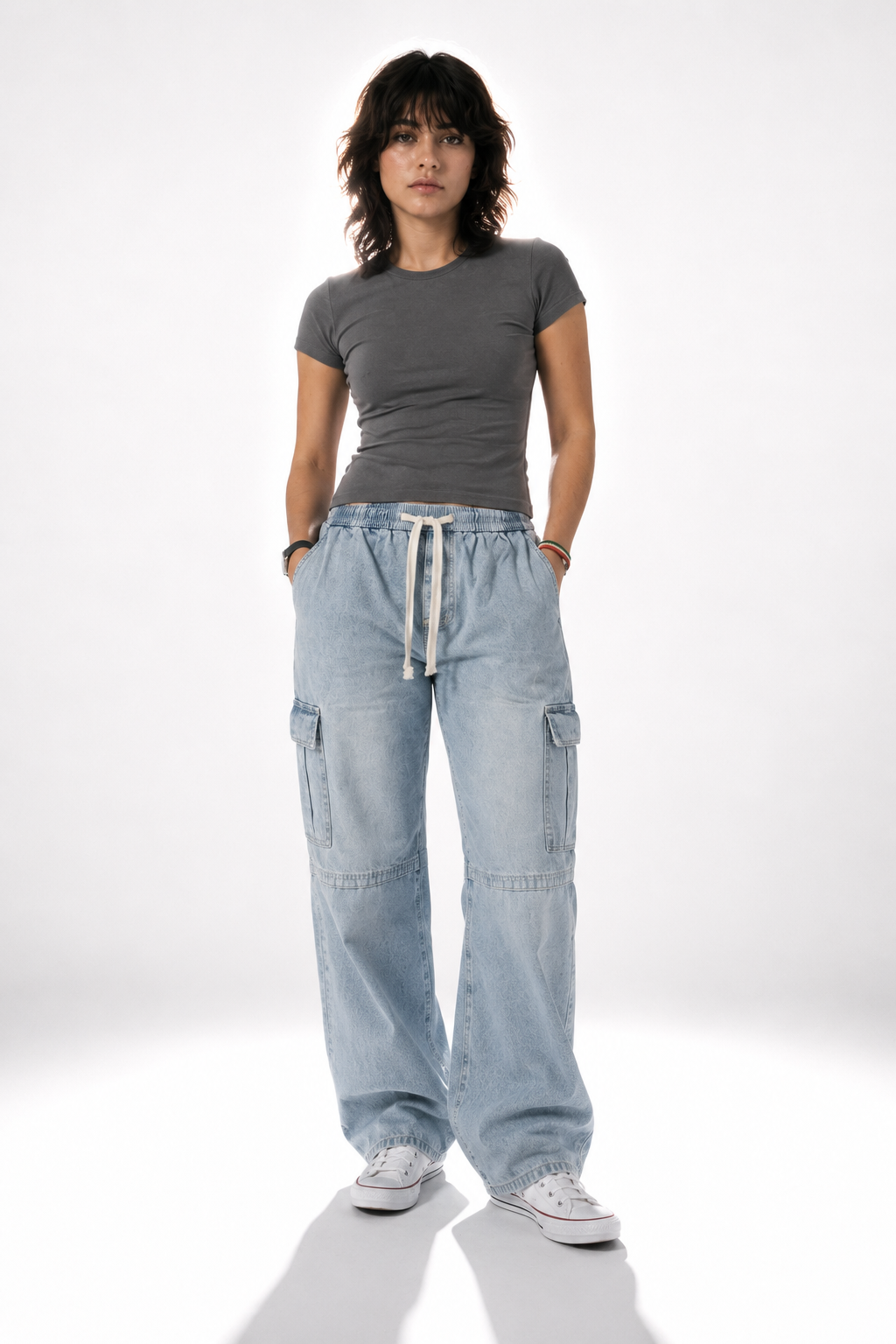 Light Wash Cargo Denim Jeans - Relaxed Fit