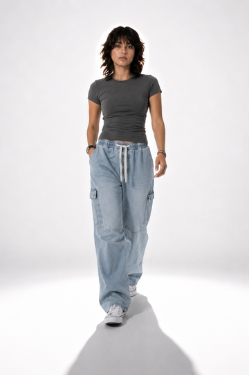 Light Wash Cargo Denim Jeans - Relaxed Fit